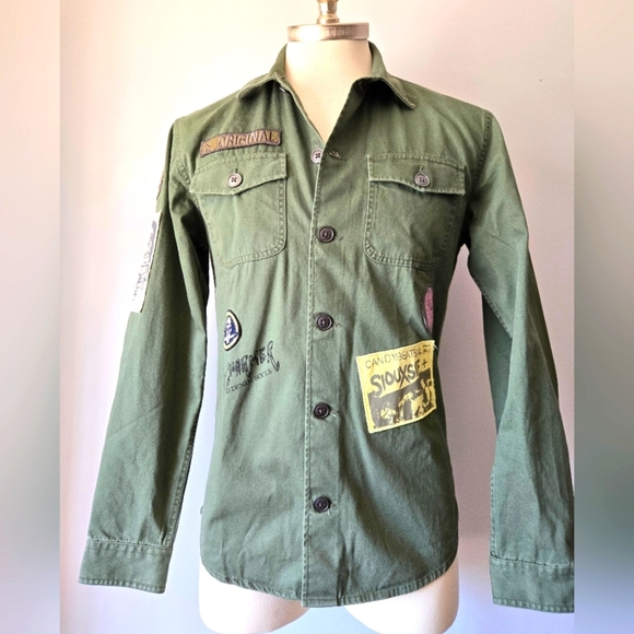 SHINE ORIGINAL Snake Charmer Men's Army Green Patchwork Jacket. Size Small - Picture 1 of 16